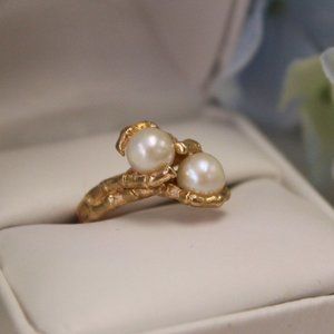 14ky Double Pearl Bamboo Ring